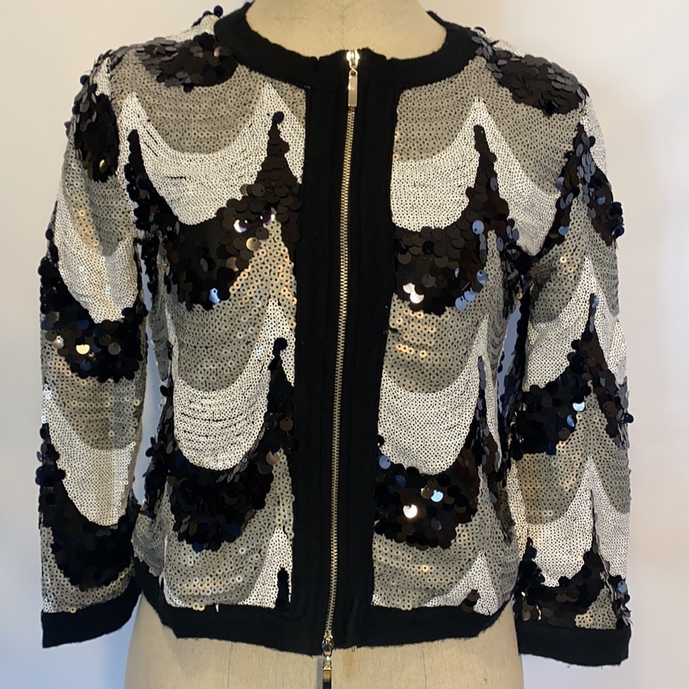 Michael Simon sequin black white grey sweater zipper jacket - Picture 3 of 8